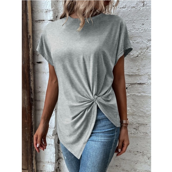 Twist Detail Grey Tee Shirt Short Sleeve Round Neck - Picture 2 of 12